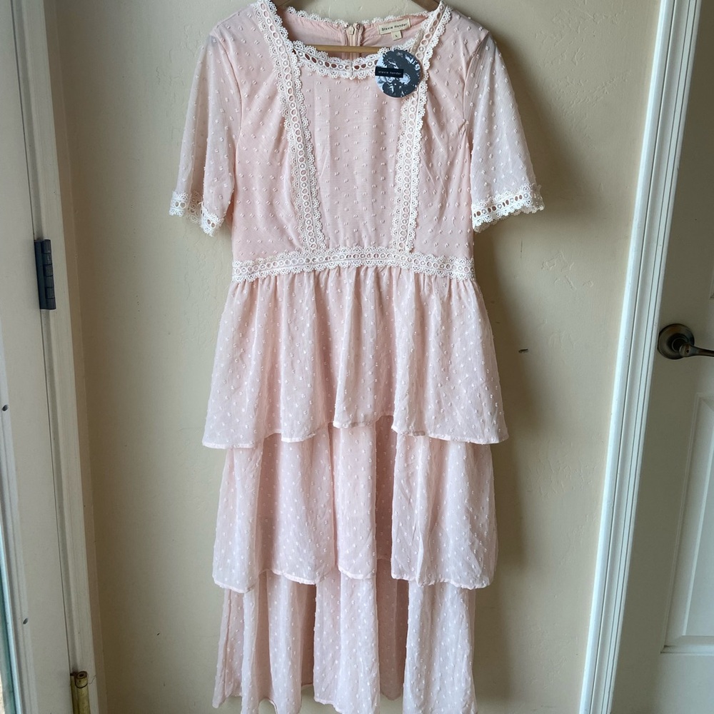 Shop Stevie Modest, Elegant Pink Lace Midi Dress
